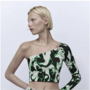 ZARA WOMEN'S Black/Green/Grey One Shoulder O-Ring Knit Top Size Medium NEW